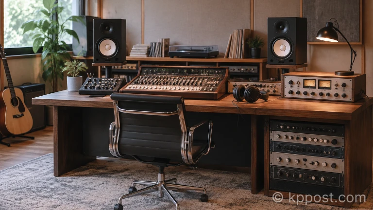 헤드폰과 스피커가 놓인 음악 믹싱 콘솔 데스크 전경
