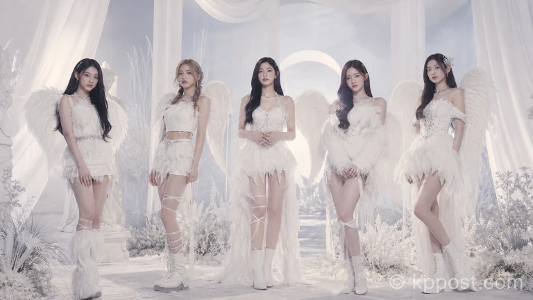 리센느 멤버들이 미니 4집 PULSE 콘셉트 포토에서 깃털 의상을 입고 포즈를 취하는 모습