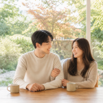 자연광이 들어오는 창가에서 서로 팔짱을 끼고 미소를 지으며 앉아 있는 부부의 모습