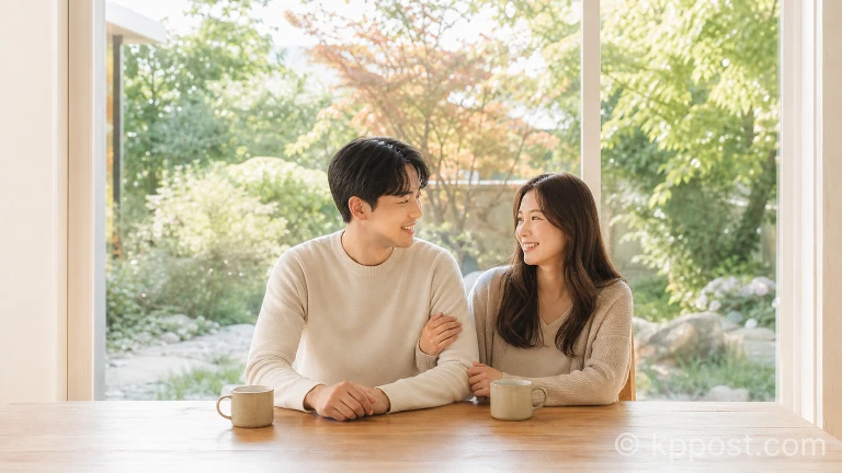 자연광이 들어오는 창가에서 서로 팔짱을 끼고 미소를 지으며 앉아 있는 부부의 모습