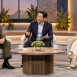 토크쇼 스튜디오에서 대화를 나누는 출연진 전경