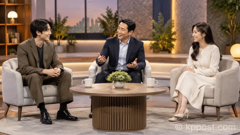 토크쇼 스튜디오에서 대화를 나누는 출연진 전경