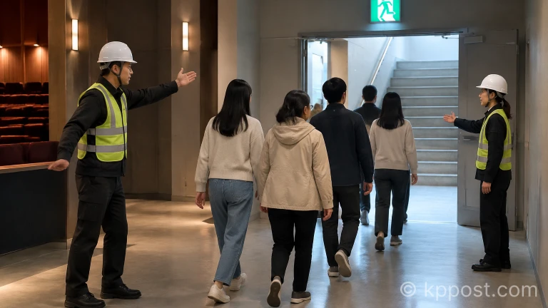 공연장 내부 비상구 통로에서 관람객 대피를 유도하는 현장 안전요원들의 모습