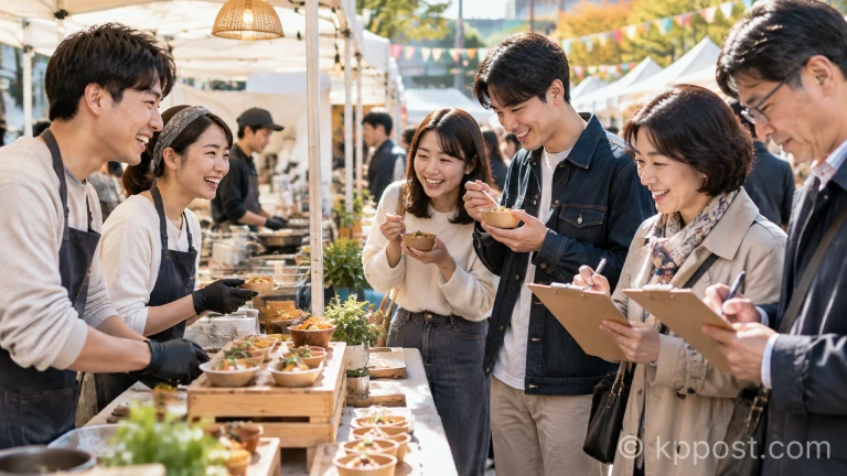 전통시장 축제 시식 부스에서 시민들이 특화 메뉴를 맛보며 품평회에 참여하는 장면