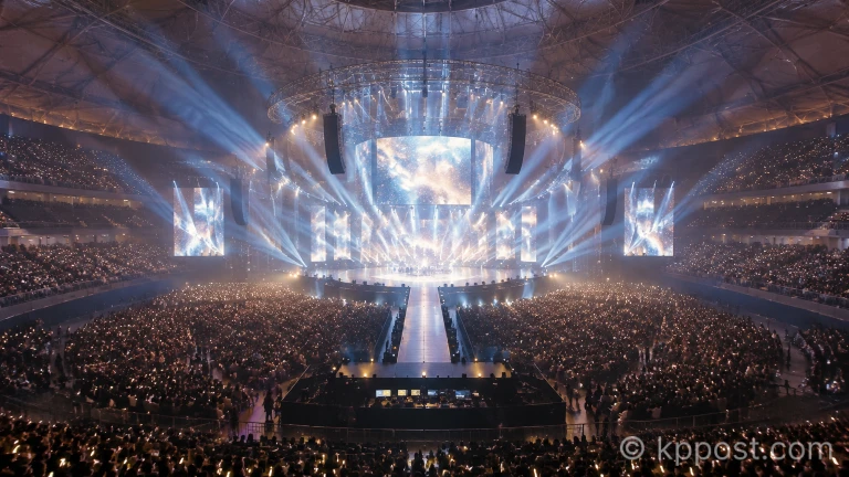 조명과 특수효과가 가동 중인 돔 공연장 내부 무대 연출 모습