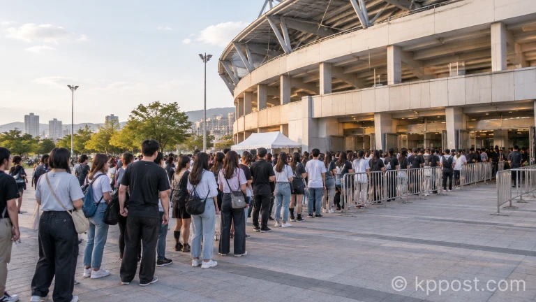 공연장 입구 주변에 모여 입장을 준비하는 콘서트 관객 행렬