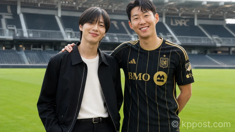 샤이니 태민과 LAFC 주장 손흥민이 그라운드에서 만나 기념 촬영을 하고 있는 모습