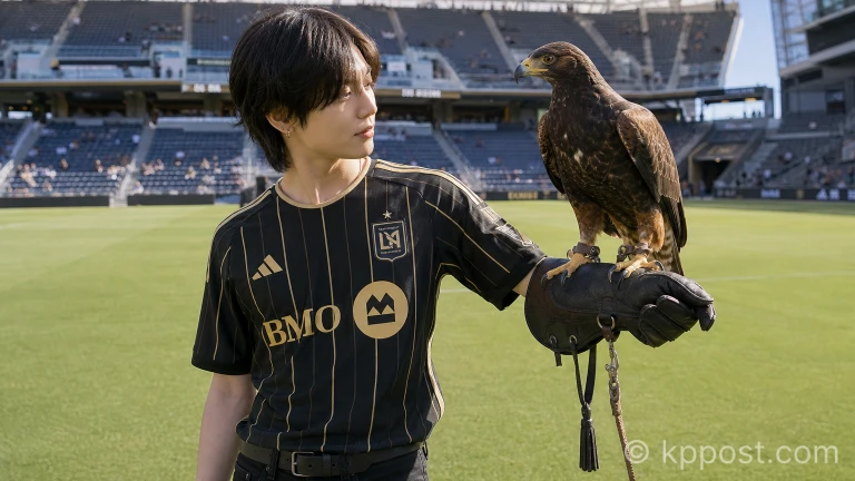 샤이니 태민이 LAFC 홈경기에서 명예 매 조련사 역할을 수행하기 위해 매를 팔에 올리고 있는 모습