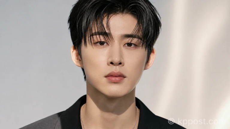 정면을 바라보는 가수 비아이의 상반신 사진