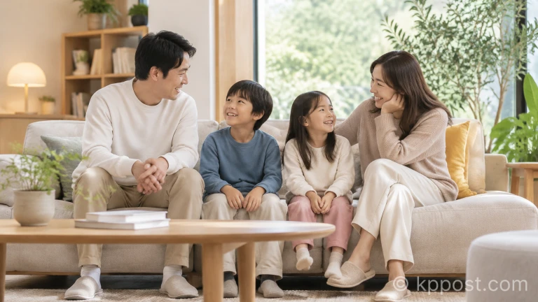 실내 라운지에서 휴식을 취하며 이야기를 나누는 가족들의 모습