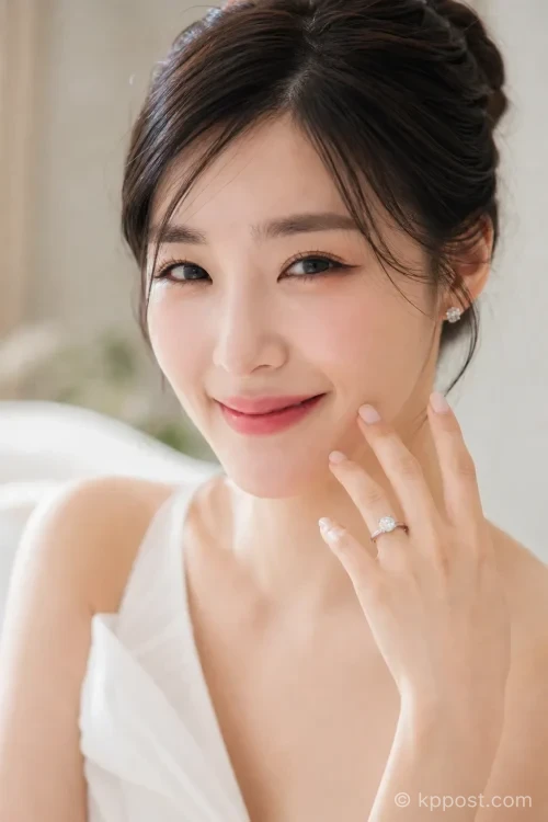 미소 짓고 있는 티파니 영의 클로즈업. 왼손 손가락에 결혼반지가 끼워져 있다.