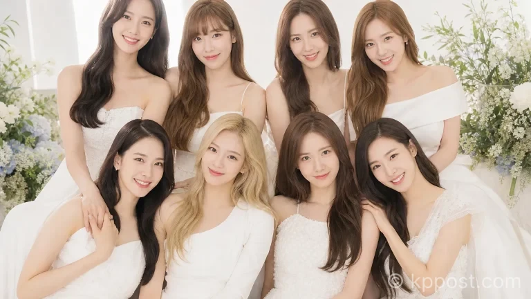 화이트 드레스를 입은 소녀시대 멤버 8명이 나란히 서서 포즈를 취하고 있는 모습.