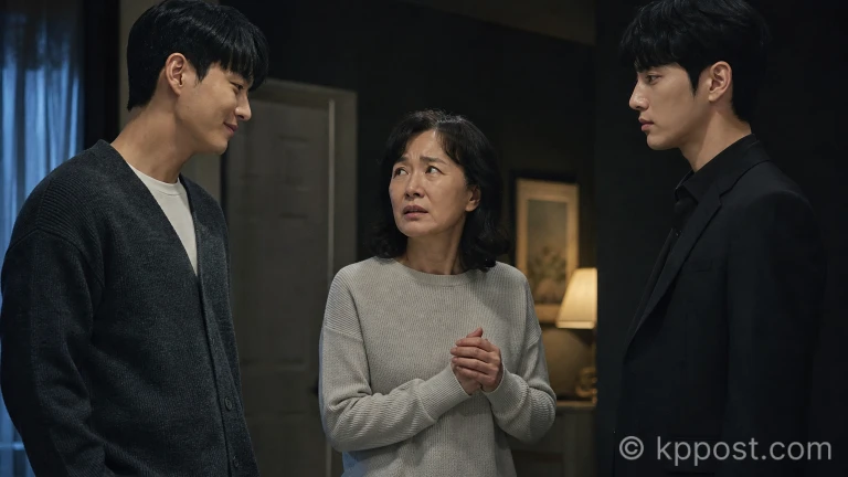 영화 '실낙원'의 한 장면으로, 엄마 캐릭터가 두 아들 사이에서 갈등하는 모습을 보여준다.