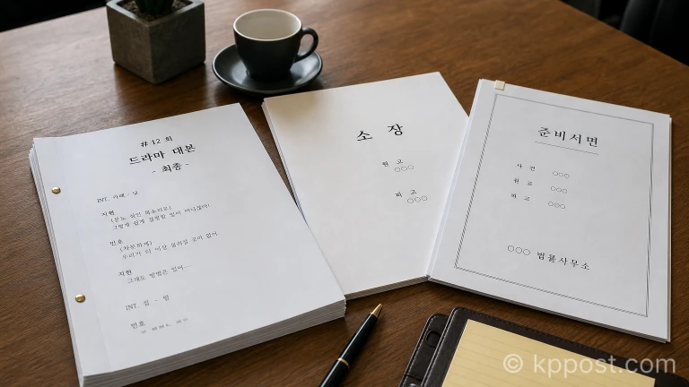 드라마 대본과 법률 서류가 탁자 위에 정갈하게 펼쳐져 있는 모습