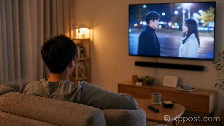 가정집 거실에서 텔레비전 드라마를 시청하고 있는 뒷모습